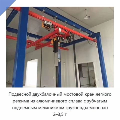 Подвесной двухбалочный мостовой кран легкого режима из алюминиевого сплава с зубчатым подъемным механизмом грузоподъемностью 2–3,5 т