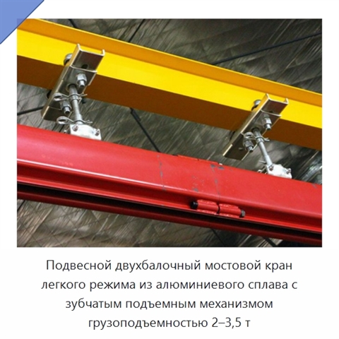Подвесной двухбалочный мостовой кран легкого режима из алюминиевого сплава с зубчатым подъемным механизмом грузоподъемностью 2–3,5 т