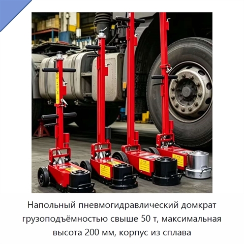 Напольный пневмогидравлический домкрат грузоподъёмностью свыше 50 т, максимальная высота 200 мм, корпус из сплава
