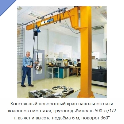 Консольный поворотный кран напольного или колонного монтажа, грузоподъёмность 500 кг/1/2 т, вылет и высота подъёма 6 м, поворот 360°