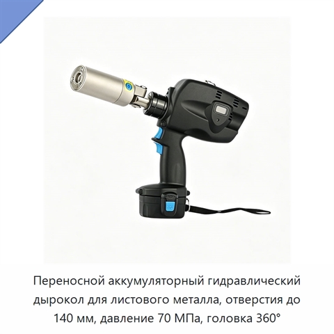 Переносной аккумуляторный гидравлический дырокол для листового металла, отверстия до 140 мм, давление 70 МПа, головка 360°