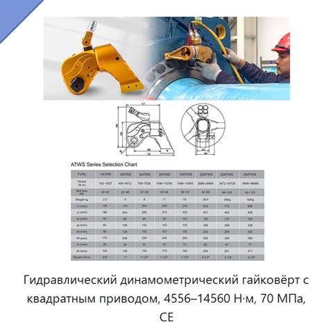 Гидравлический динамометрический гайковёрт с квадратным приводом, 4556–14560 Н·м, 70 МПа, CE