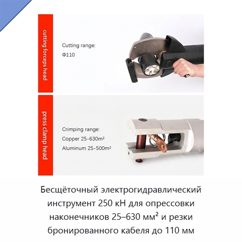Бесщёточный электрогидравлический инструмент 250 кН для опрессовки наконечников 25–630 мм² и резки бронированного кабеля до 110 мм