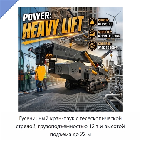 Гусеничный кран-паук с телескопической стрелой, грузоподъёмностью 12 т и высотой подъёма до 22 м