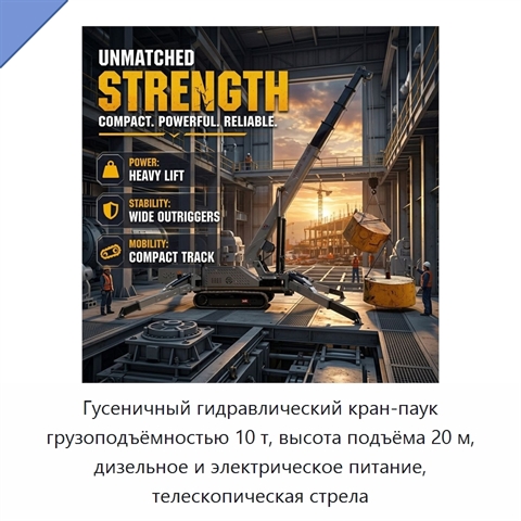 Гусеничный гидравлический кран-паук грузоподъёмностью 10 т, высота подъёма 20 м, дизельное и электрическое питание, телескопическая стрела