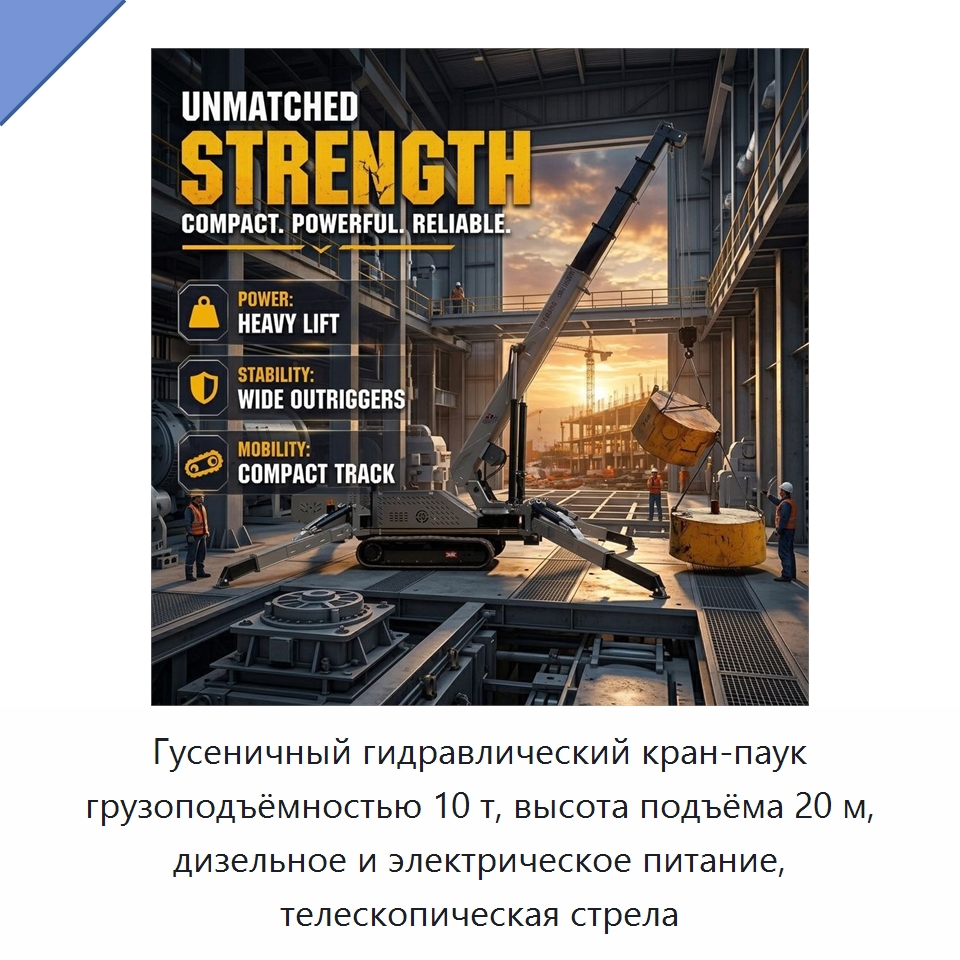 Гусеничный гидравлический кран-паук грузоподъёмностью 10 т, высота подъёма 20 м, дизельное и электрическое питание, телескопическая стрела — Краны