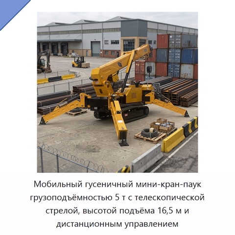 Мобильный гусеничный мини-кран-паук грузоподъёмностью 5 т с телескопической стрелой, высотой подъёма 16,5 м и дистанционным управлением