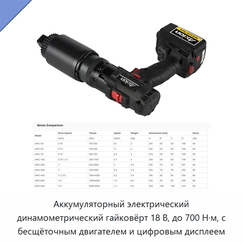 Аккумуляторный электрический динамометрический гайковёрт 18 В, до 700 Н·м, с бесщёточным двигателем и цифровым дисплеем