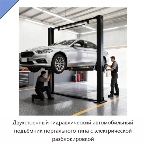 Двухстоечный гидравлический автомобильный подъёмник портального типа с электрической разблокировкой