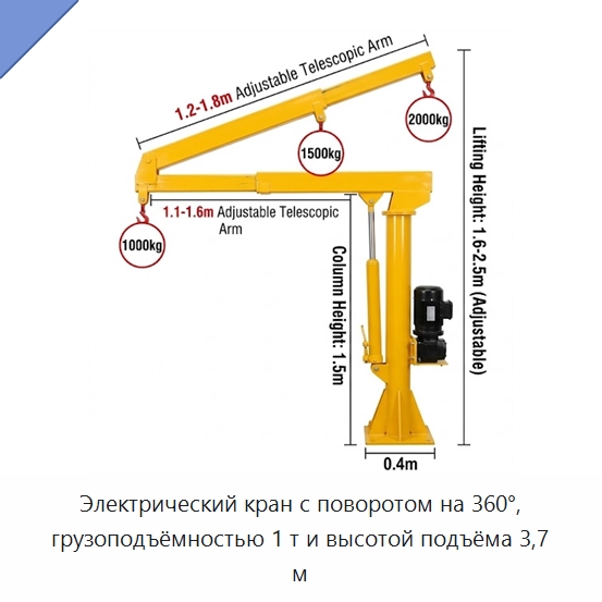 Электрический кран с поворотом на 360°, грузоподъёмностью 1 т и высотой подъёма 3,7 м — Краны