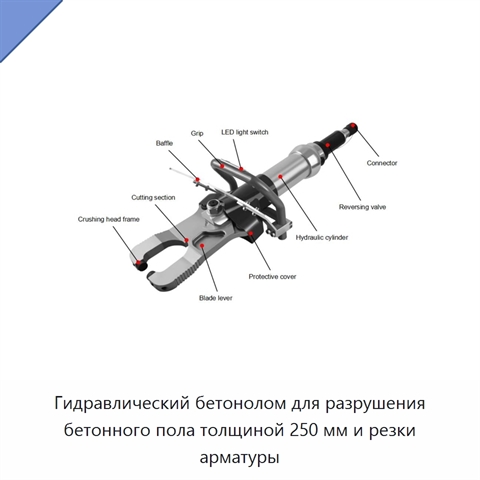 Гидравлический бетонолом для разрушения бетонного пола толщиной 250 мм и резки арматуры