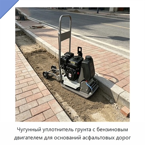 Чугунный уплотнитель грунта с бензиновым двигателем для оснований асфальтовых дорог