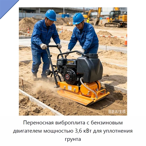 Переносная виброплита с бензиновым двигателем мощностью 3,6 кВт для уплотнения грунта