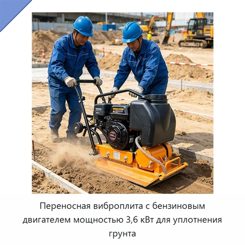 Переносная виброплита с бензиновым двигателем мощностью 3,6 кВт для уплотнения грунта