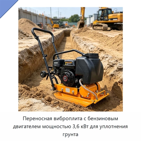 Переносная виброплита с бензиновым двигателем мощностью 3,6 кВт для уплотнения грунта