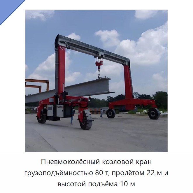 Пневмоколёсный козловой кран грузоподъёмностью 80 т, пролётом 22 м и высотой подъёма 10 м — Краны