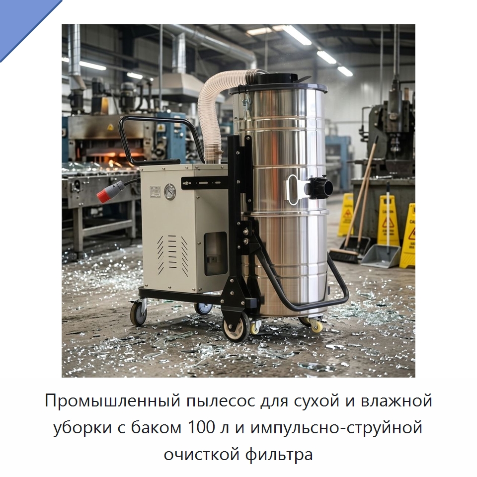 Промышленный пылесос для сухой и влажной уборки с баком 100 л и импульсно-струйной очисткой фильтра — Пылесосы