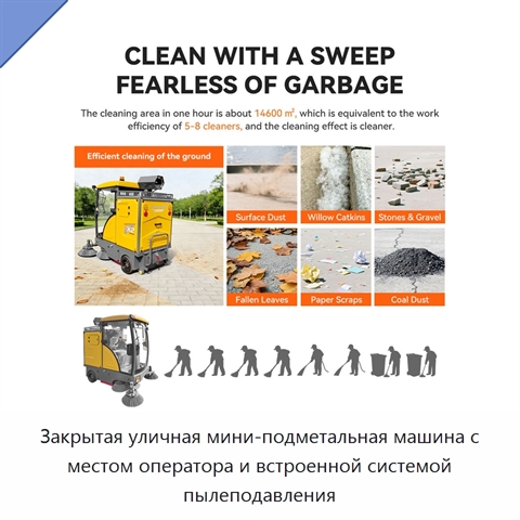 Закрытая уличная мини-подметальная машина с местом оператора и встроенной системой пылеподавления