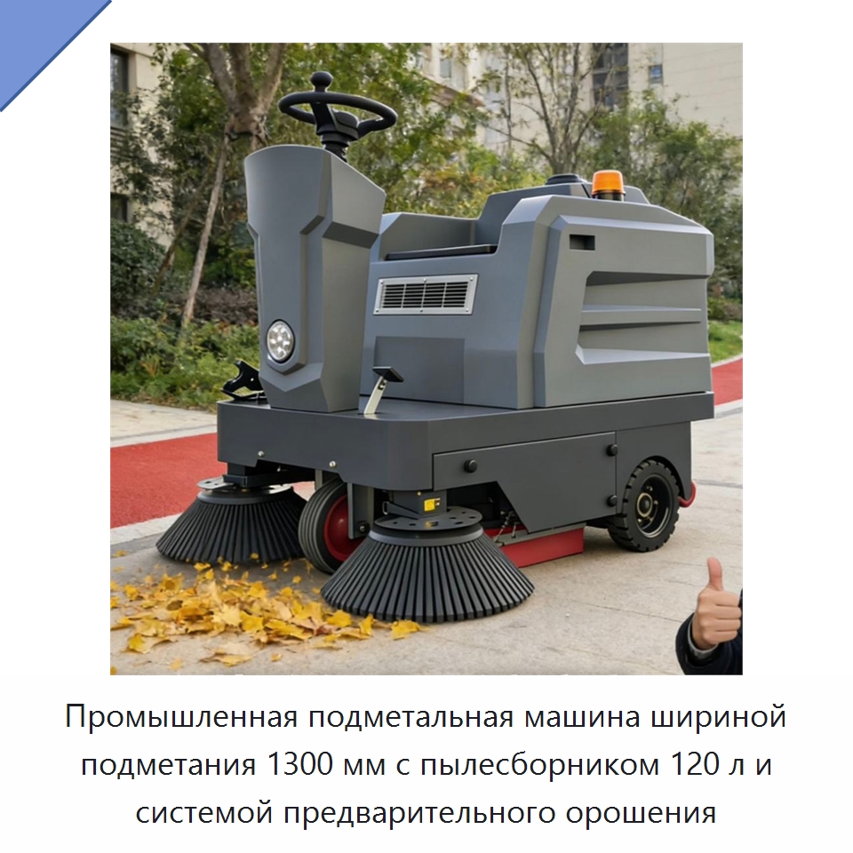 Промышленная подметальная машина шириной подметания 1300 мм с пылесборником 120 л и системой предварительного орошения — Подметальные машины