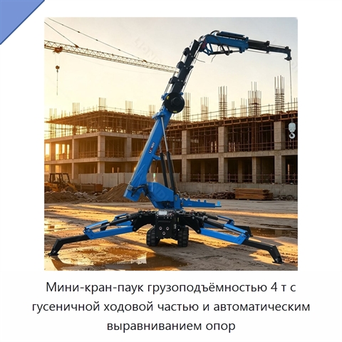 Мини-кран-паук грузоподъёмностью 4 т с гусеничной ходовой частью и автоматическим выравниванием опор