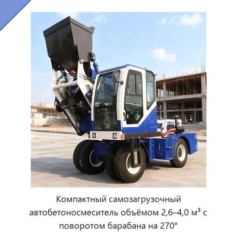 Компактный самозагрузочный автобетоносмеситель объёмом 2,6–4,0 м³ с поворотом барабана на 270°