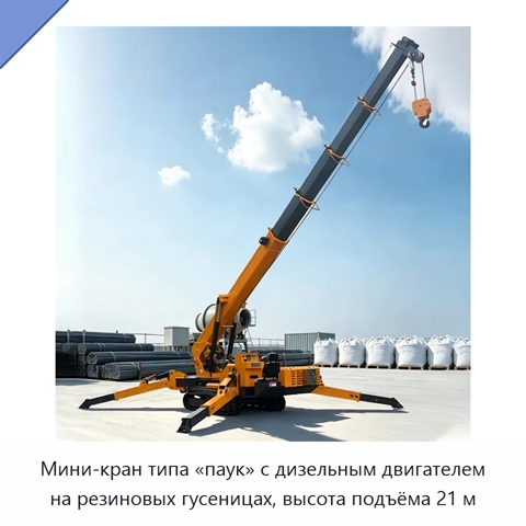 Мини-кран типа «паук» с дизельным двигателем на резиновых гусеницах, высота подъёма 21 м
