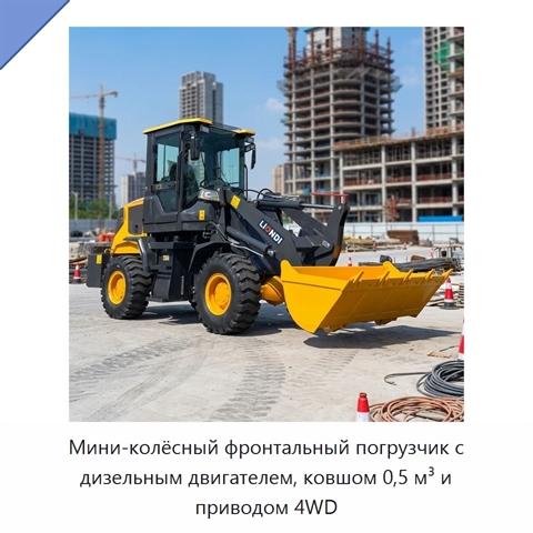 Мини-колёсный фронтальный погрузчик с дизельным двигателем, ковшом 0,5 м³ и приводом 4WD