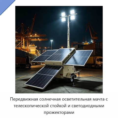 Передвижная солнечная осветительная мачта с телескопической стойкой и светодиодными прожекторами