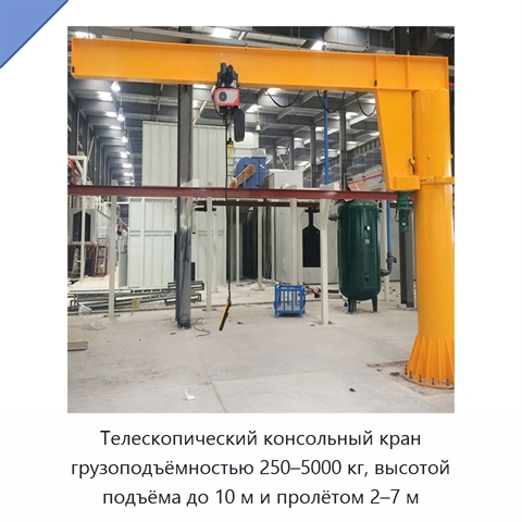 Телескопический консольный кран грузоподъёмностью 250–5000 кг, высотой подъёма до 10 м и пролётом 2–7 м