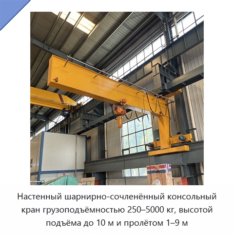 Настенный шарнирно-сочленённый консольный кран грузоподъёмностью 250–5000 кг, высотой подъёма до 10 м и пролётом 1–9 м