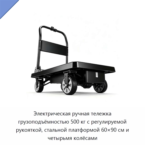 Электрическая ручная тележка грузоподъёмностью 500 кг с регулируемой рукояткой, стальной платформой 60×90 см и четырьмя колёсами