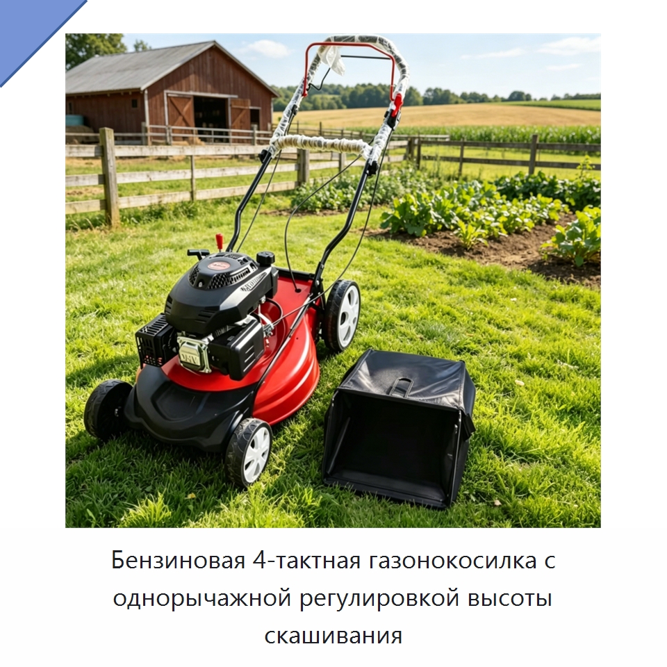 Бензиновая 4-тактная газонокосилка с однорычажной регулировкой высоты скашивания — Газонокосилки