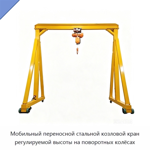 Мобильный переносной стальной козловой кран регулируемой высоты на поворотных колёсах