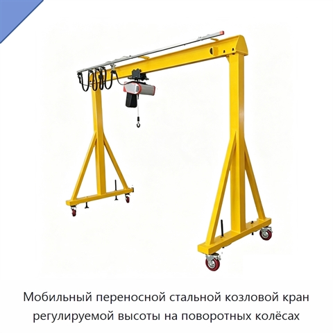 Мобильный переносной стальной козловой кран регулируемой высоты на поворотных колёсах