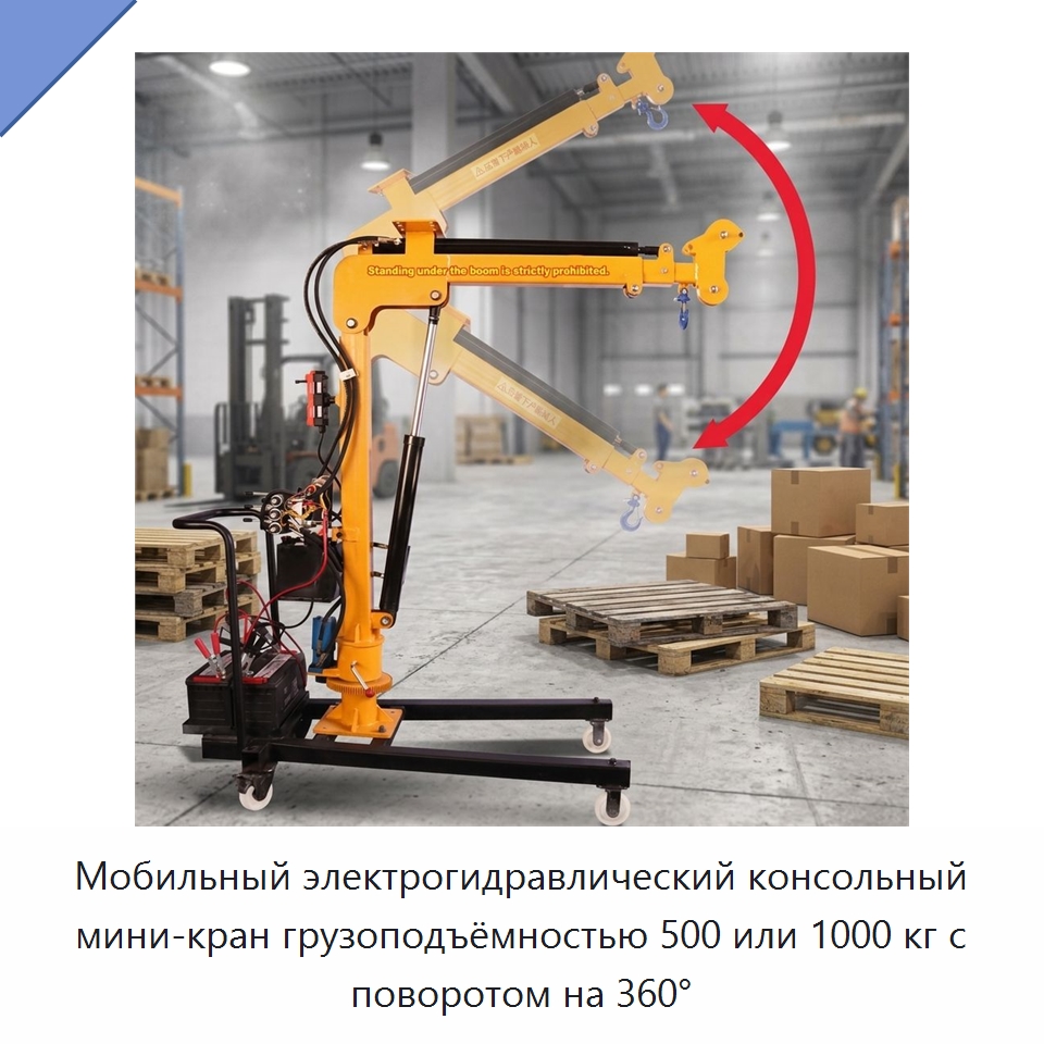 Мобильный электрогидравлический консольный мини-кран грузоподъёмностью 500 или 1000 кг с поворотом на 360° — Краны