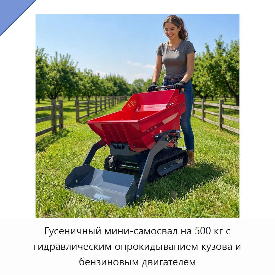 Гусеничный мини-самосвал на 500 кг с гидравлическим опрокидыванием кузова и бензиновым двигателем — Землеройная техника