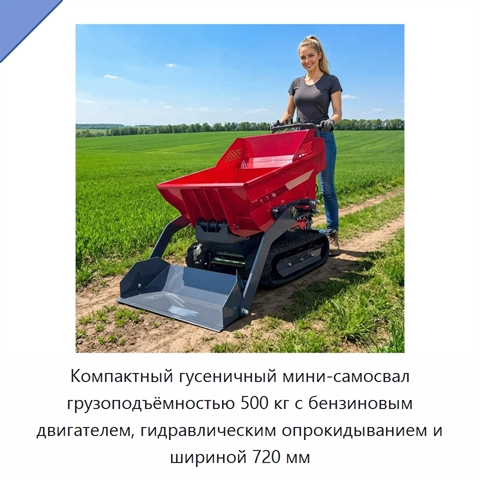 Компактный гусеничный мини-самосвал грузоподъёмностью 500 кг с бензиновым двигателем, гидравлическим опрокидыванием и шириной 720 мм
