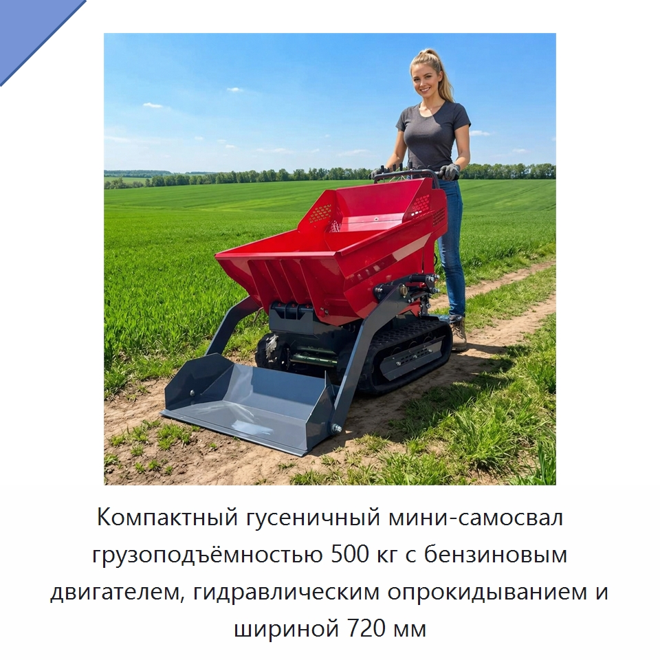 Компактный гусеничный мини-самосвал грузоподъёмностью 500 кг с бензиновым двигателем, гидравлическим опрокидыванием и шириной 720 мм — Землеройная техника