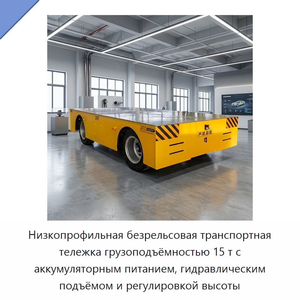 Низкопрофильная безрельсовая транспортная тележка грузоподъёмностью 15 т с аккумуляторным питанием, гидравлическим подъёмом и регулировкой высоты — Подъемно-транспортное оборудование