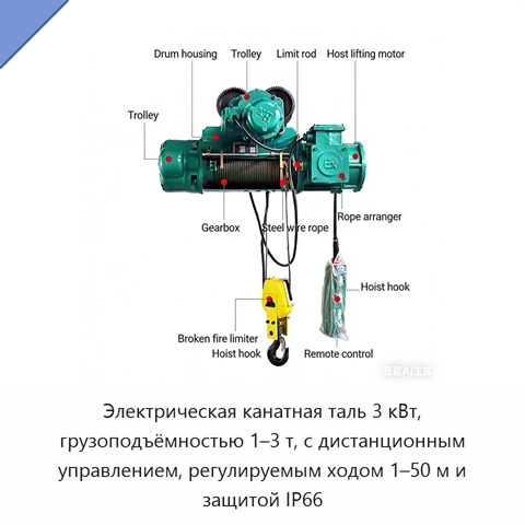 Электрическая канатная таль 3 кВт, грузоподъёмностью 1–3 т, с дистанционным управлением, регулируемым ходом 1–50 м и защитой IP66