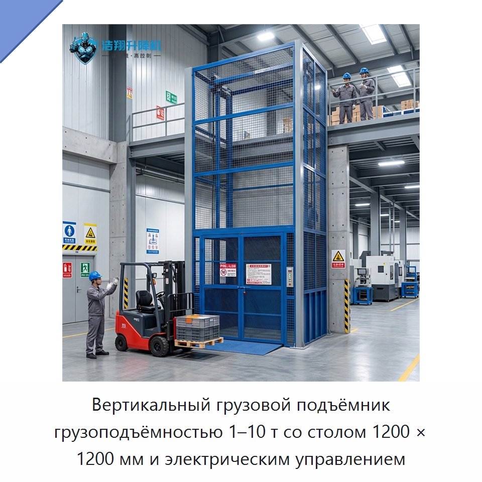 Вертикальный грузовой подъёмник грузоподъёмностью 1–10 т со столом 1200 × 1200 мм и электрическим управлением — Подъемные столы