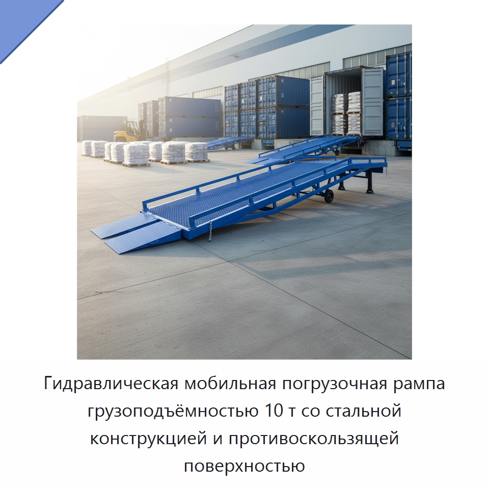 Гидравлическая мобильная погрузочная рампа грузоподъёмностью 10 т со стальной конструкцией и противоскользящей поверхностью