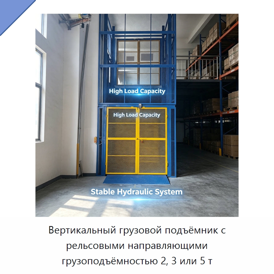 Вертикальный грузовой подъёмник с рельсовыми направляющими грузоподъёмностью 2, 3 или 5 т — Подъемные столы