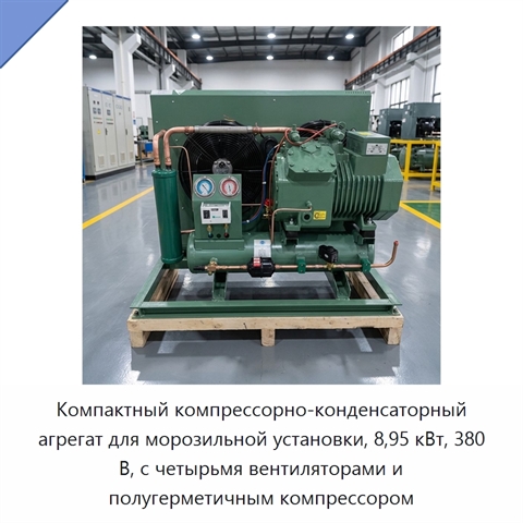 Компактный компрессорно-конденсаторный агрегат для морозильной установки, 8,95 кВт, 380 В, с четырьмя вентиляторами и полугерметичным компрессором