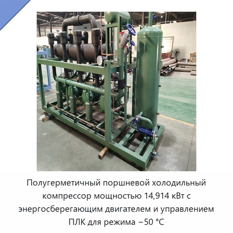Полугерметичный поршневой холодильный компрессор мощностью 14,914 кВт с энергосберегающим двигателем и управлением ПЛК для режима −50 °C