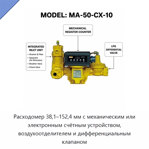 Расходомер 38,1–152,4 мм с механическим или электронным счётным устройством, воздухоотделителем и дифференциальным клапаном
