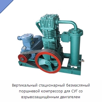 Вертикальный стационарный безмасляный поршневой компрессор для СУГ со взрывозащищённым двигателем