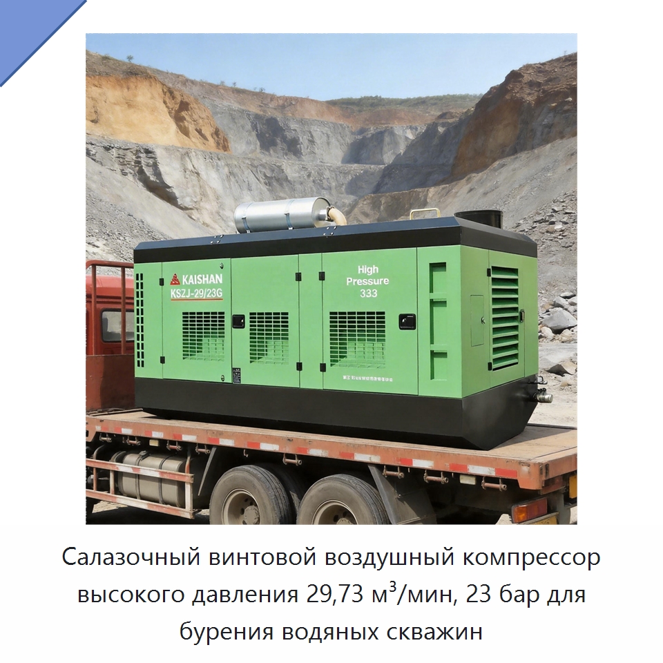 Салазочный винтовой воздушный компрессор высокого давления 29,73 м³/мин, 23 бар для бурения водяных скважин — Промышленные компрессоры