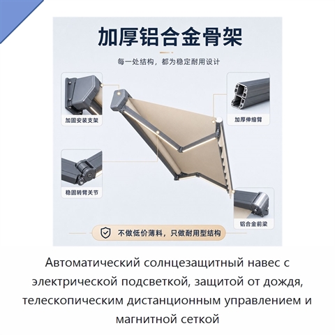 Автоматический солнцезащитный навес с электрической подсветкой, защитой от дождя, телескопическим дистанционным управлением и магнитной сеткой