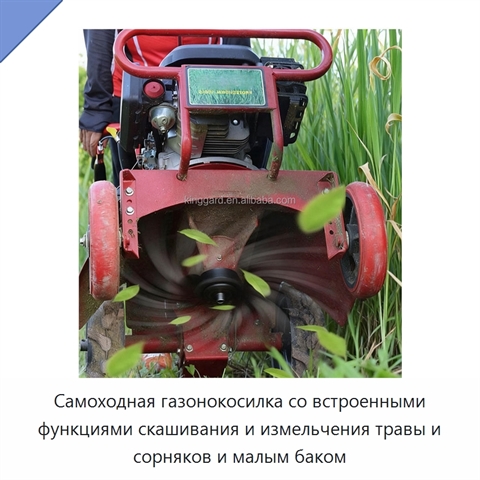 Самоходная газонокосилка со встроенными функциями скашивания и измельчения травы и сорняков и малым баком